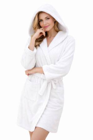 Дамски хавлиен халат с качулка и джобове/100 % памук/ритон/ М, L, XL, XXL, XXXL/ бял